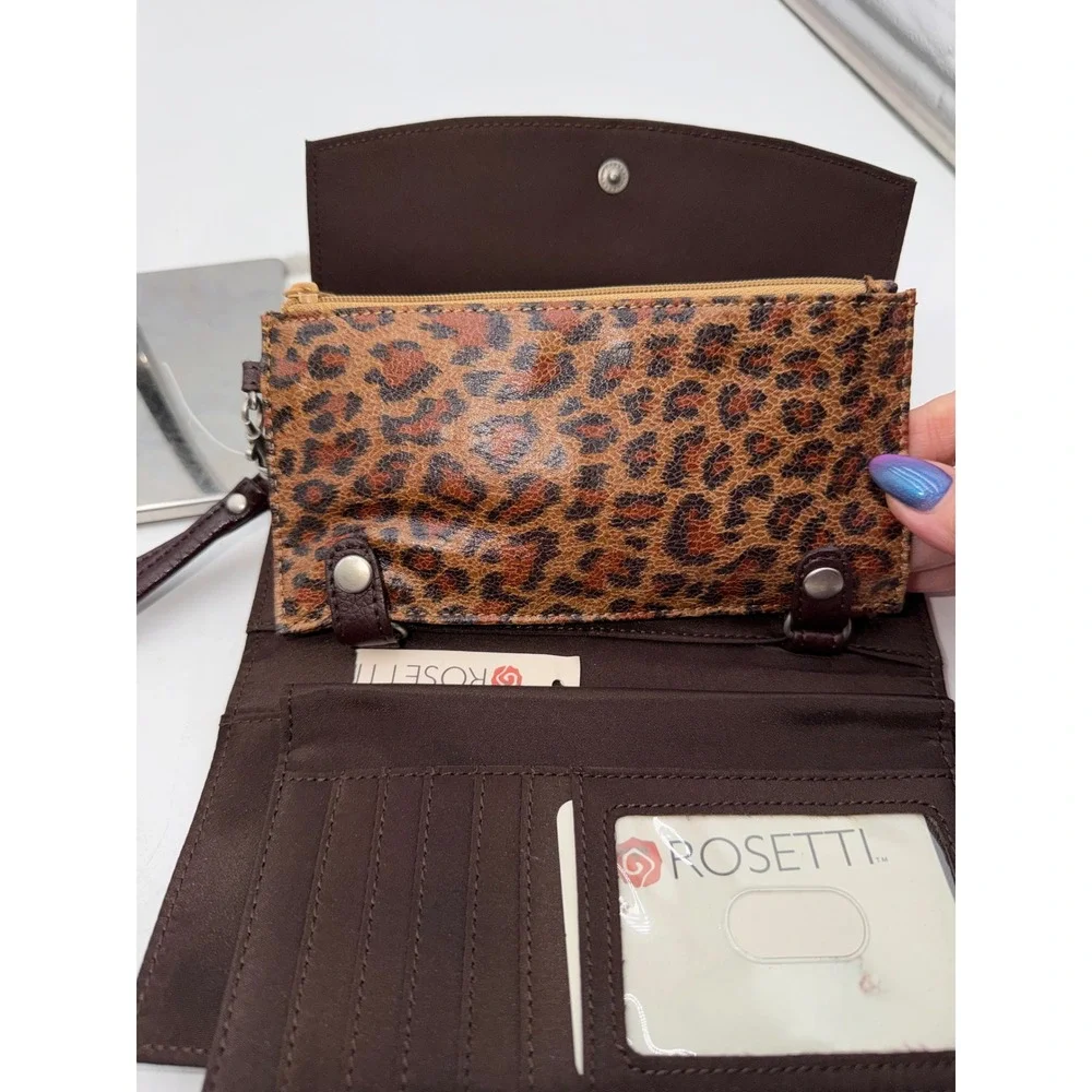Rosetti Burgundy Pebbled Faux Leather Trifold Wristlet Wallet Leopard Pouch